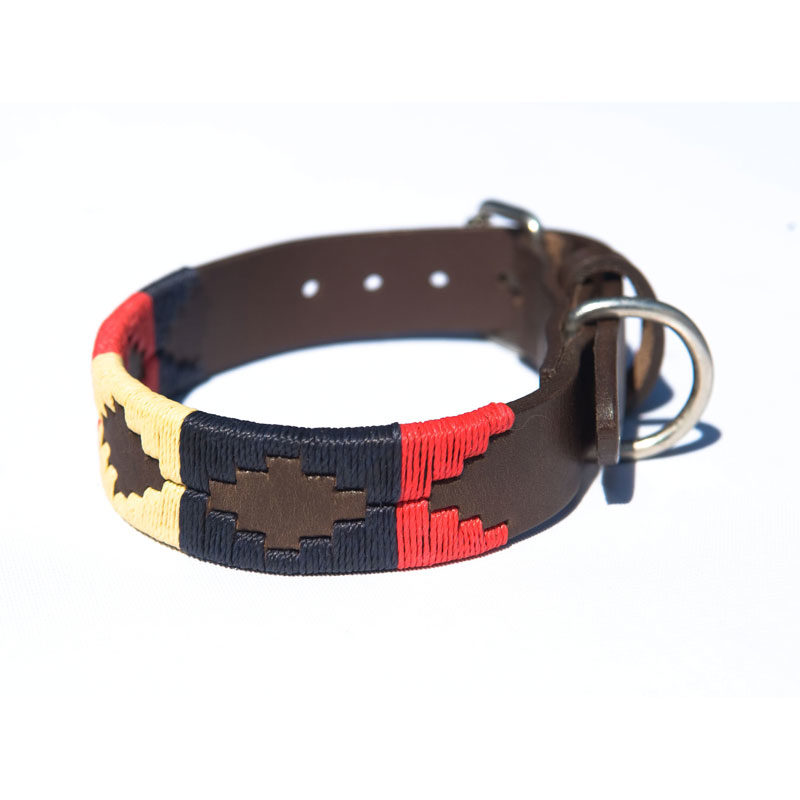 Pampa Leather Polo Dog Collar - Navy Cream Red