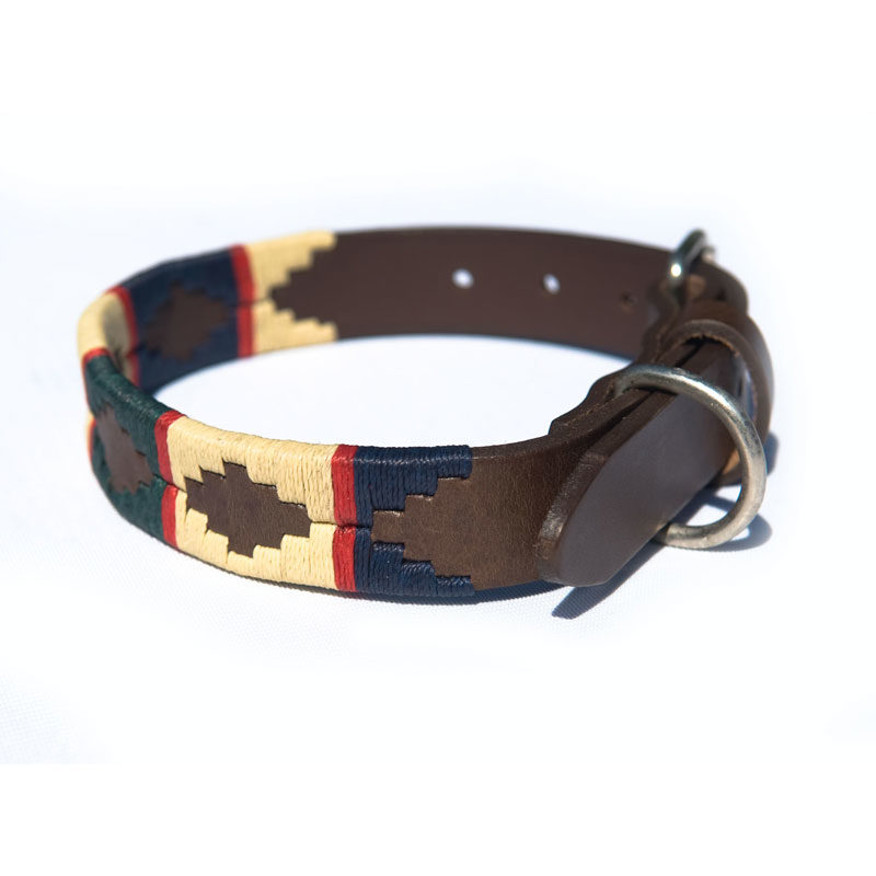 Pampa Leather Polo Dog Collar - Navy Cream Hunter Red Stripe