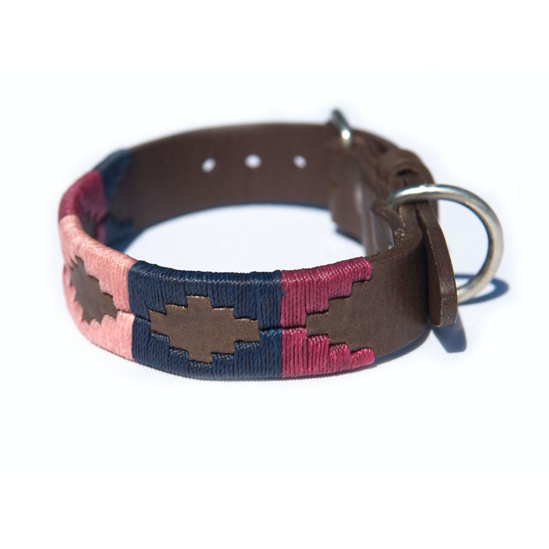 Pampa Leather Polo Dog Collar - Raspberry Navy Pink