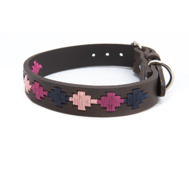 Pampa Leather Polo Dog Collar - Berry Navy Pink Star