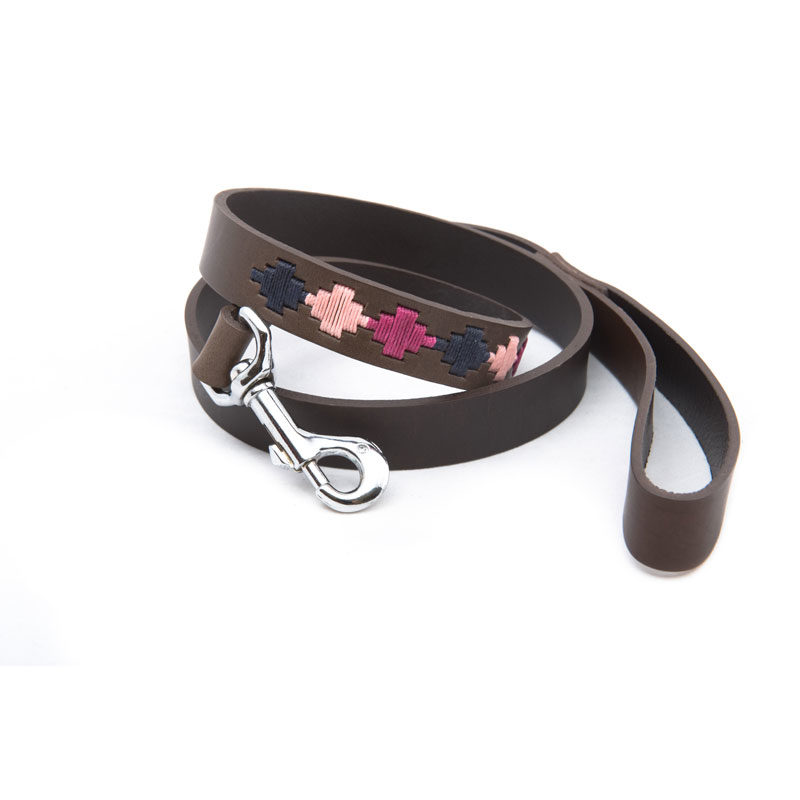 Pampa Leather Polo Dog Lead - Berry Navy Pink Star