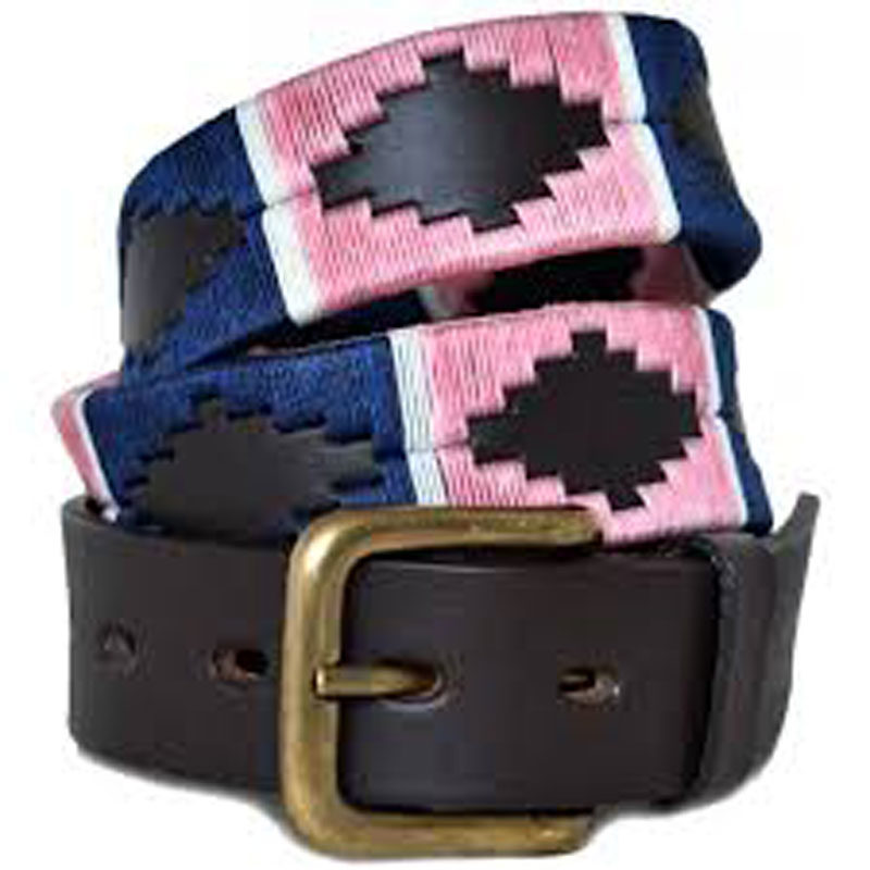 Polo Bellt 110 Pampa Leather Polo Belts - Pink/Navy White Stripe