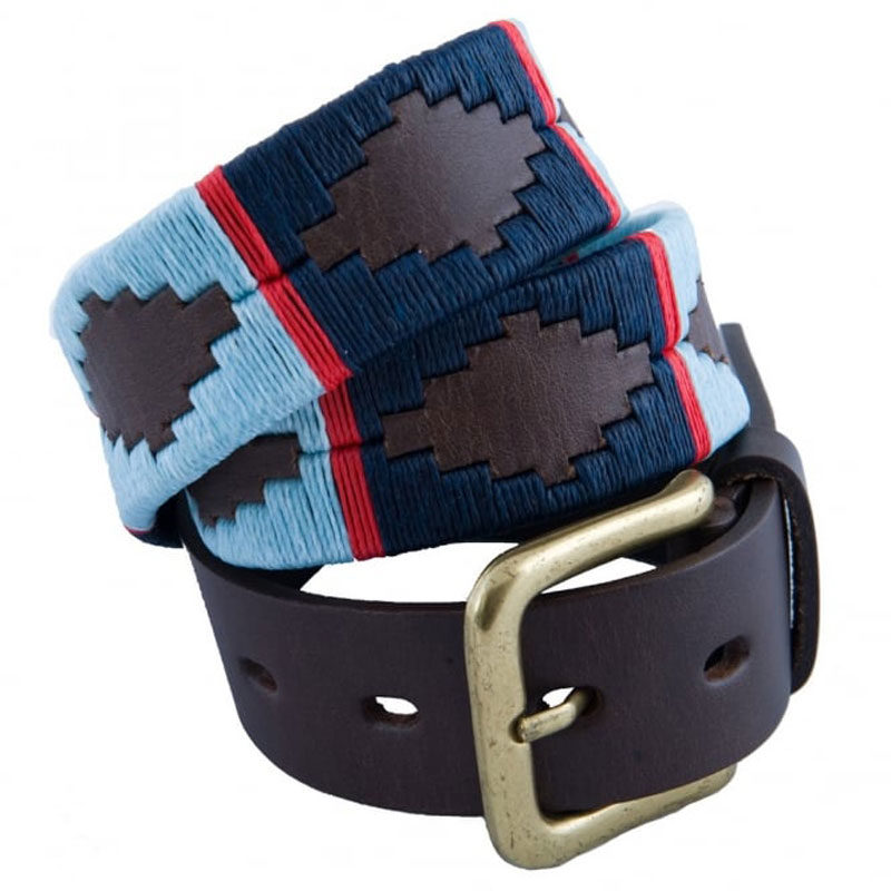 Polo Belt 186 Pampa Leather Polo Belts - Navy/Pale Blue Red Stripe